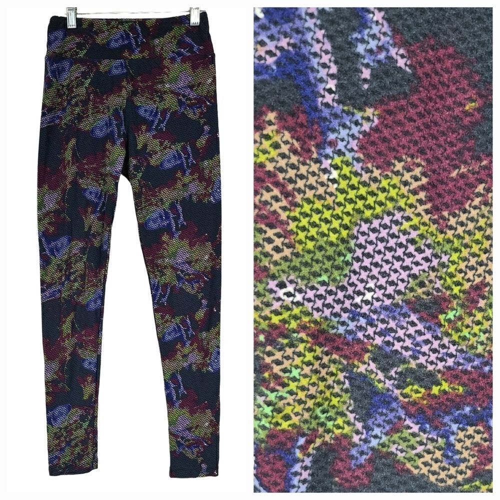 LuLaRoe One Size Legging Cross Stitch Needlepoint Floral Navy Blue Stretch Pants - Picture 2 of 8